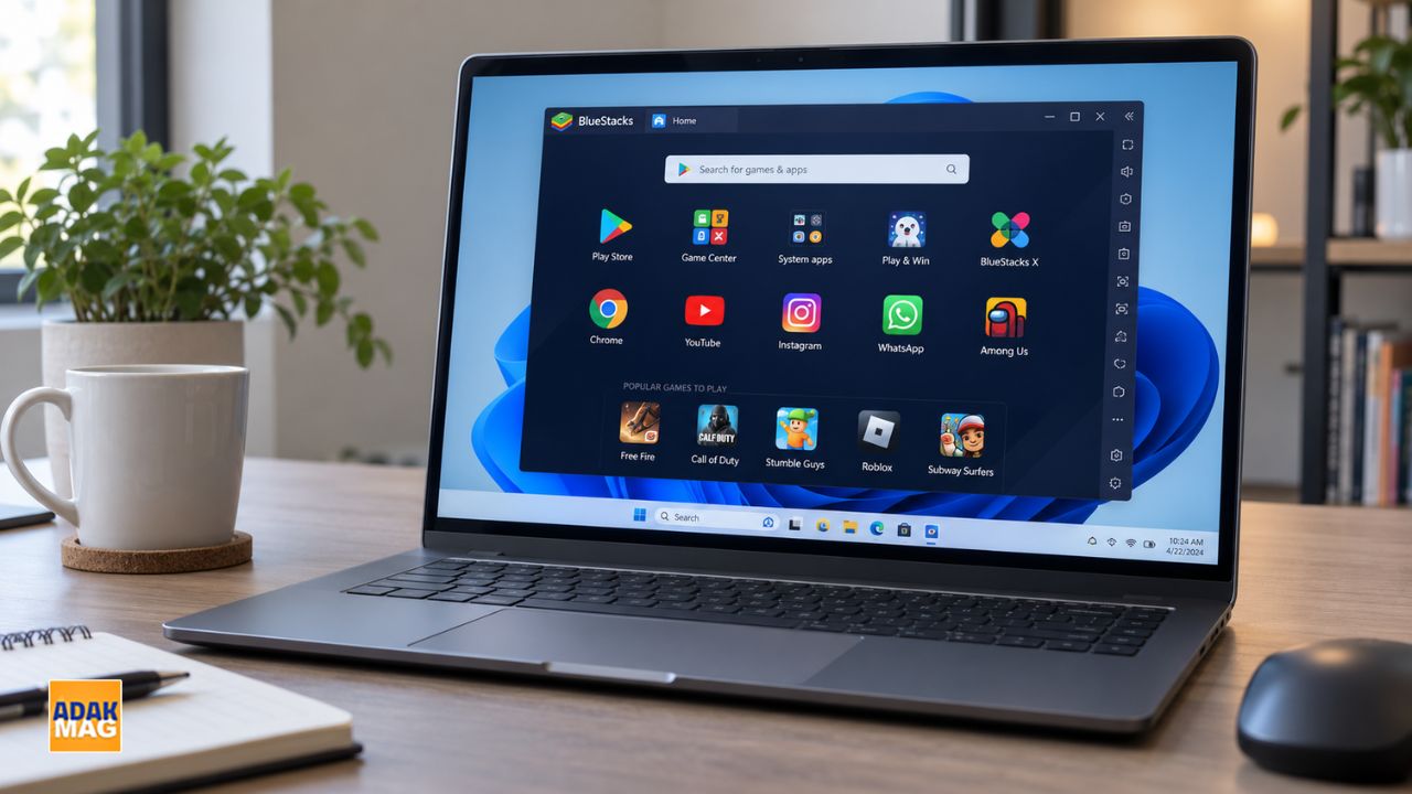 نمایش محیط نرم‌افزار BlueStacks روی لپ‌تاپ ویندوزی برای اجرای بازی‌ها و اپلیکیشن‌های اندروید در کامپیوتر