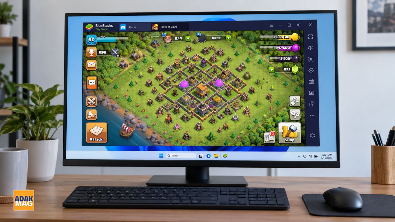 اجرای بازی اندرویدی Clash of Clans در محیط شبیه‌ساز BlueStacks روی کامپیوتر ویندوزی با استفاده از مانیتور، کیبورد و ماوس
