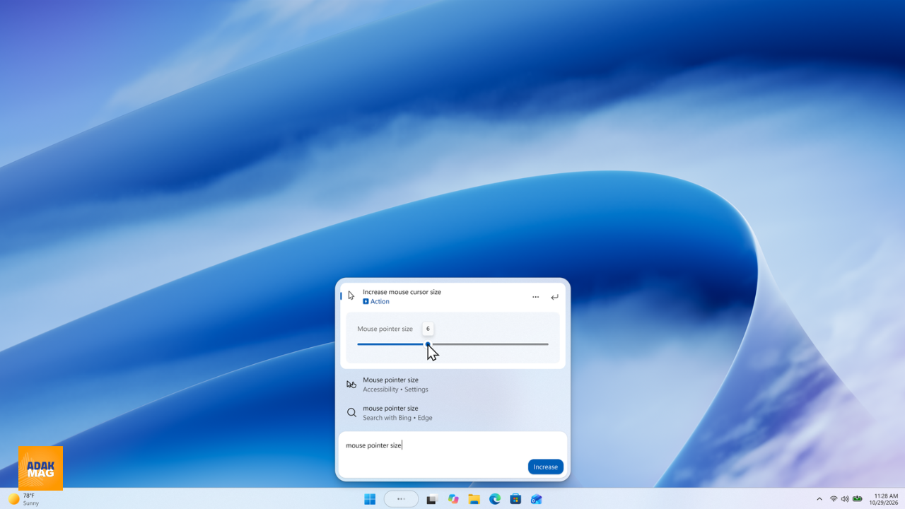 نمایش قابلیت تغییر اندازه نشانگر ماوس با نوار لغزنده در رابط کاربری جدید Windows Search ویندوز ۱۱ بدون نیاز به ورود به بخش تنظیمات