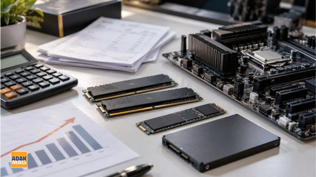 نمایش قطعات سخت‌افزاری کامپیوتر شامل رم، حافظه SSD و مادربرد در کنار نمودار افزایش هزینه‌ها و ماشین‌حساب برای بررسی دلایل گرانی کامپیوتر