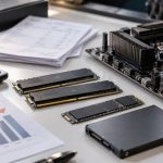 نمایش قطعات سخت‌افزاری کامپیوتر شامل رم، حافظه SSD و مادربرد در کنار نمودار افزایش هزینه‌ها و ماشین‌حساب برای بررسی دلایل گرانی کامپیوتر
