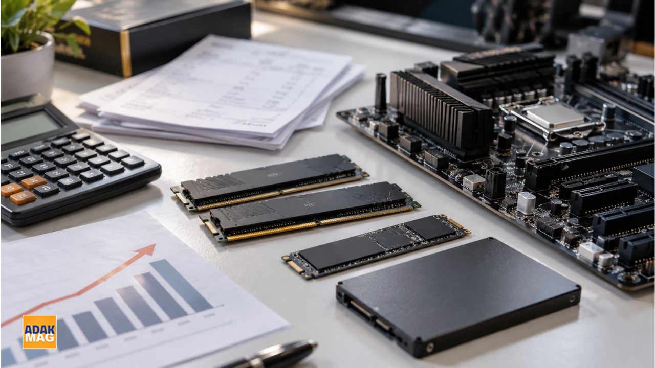 نمایش قطعات سخت‌افزاری کامپیوتر شامل رم، حافظه SSD و مادربرد در کنار نمودار افزایش هزینه‌ها و ماشین‌حساب برای بررسی دلایل گرانی کامپیوتر