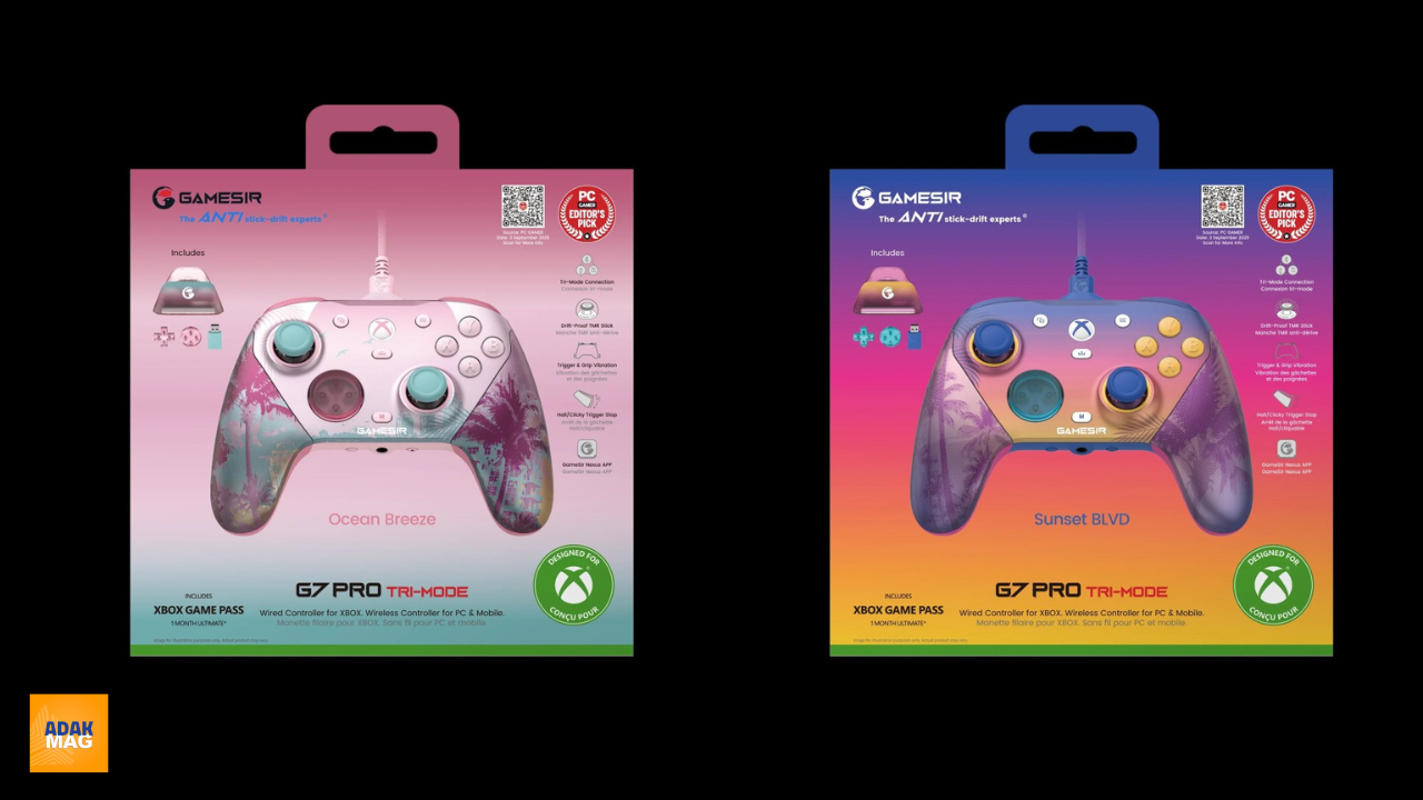 نمای بسته‌بندی رسمی دسته‌های GameSir G7 Pro Tri-Mode در دو نسخه Ocean Breeze و Sunset BLVD با طراحی اختصاصی و نشان سازگاری با Xbox