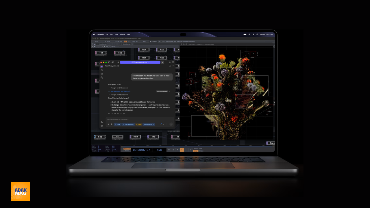 نمایش مکبوک پرو اپل با صفحهنمایش حرفهای در محیط تاریک، در حال اجرای نرمافزار TouchDesigner و ابزار هوش مصنوعی برای طراحی جلوههای بصری و تولید محتوای دیجیتال
