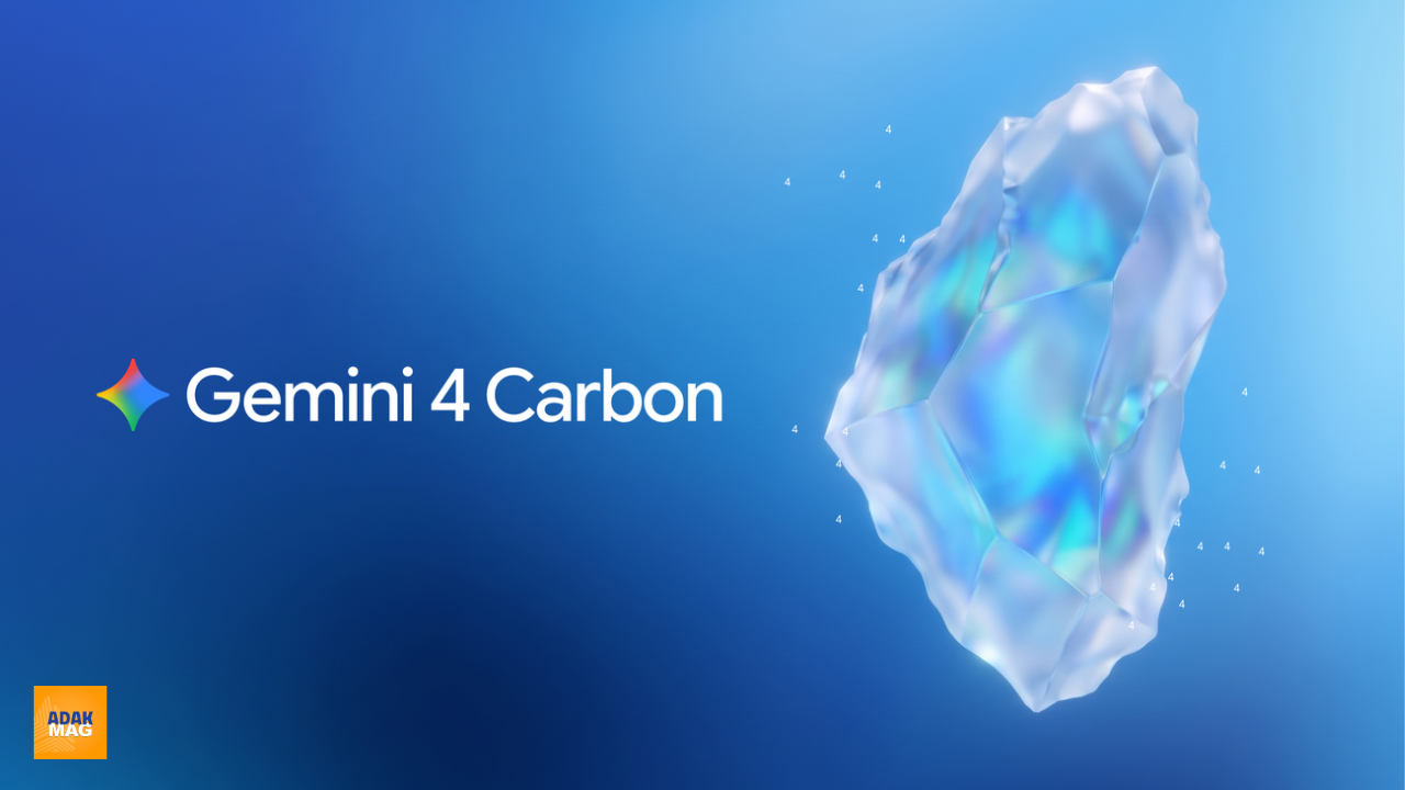 تصویر معرفی مدل هوش مصنوعی Gemini 4 Carbon گوگل با لوگوی رنگی Gemini و طراحی کریستالی آبی روی پسزمینه گرادیانی